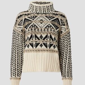 Splendid Vail Apres-ski Fair Isle Sweater in Black, White and Taupe, XL